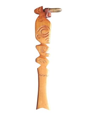 Vtg Wood Hand Carved Tribal African Hammer "14in Faces Motifs